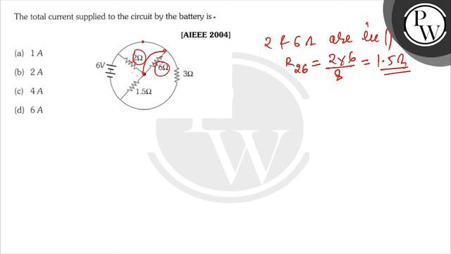 The total current supplied to the circuit by the battery is
[AIEEE 2004]
(a) \( 1 \mathrm{~A} \)... смотреть онлайн