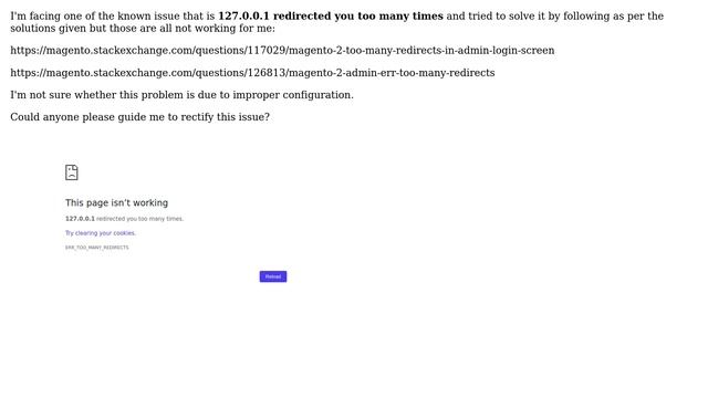 Magento: Magento2.3: This page isn t working, 127.0.0.1 redirected you too many times смотреть онлайн