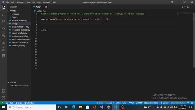 Write a python program to print ASCII character of any number or letter,by using ord function смотреть онлайн