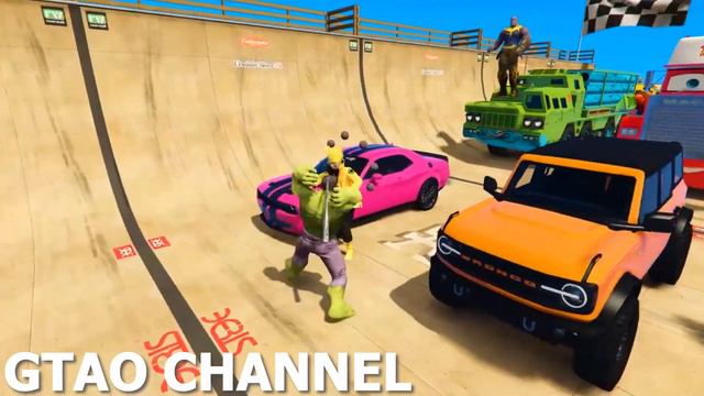 SPIDERMAN CARS Racing Challenge on HIGH Rampa ! SUPERHERO HULK IronMan Goku MONSTER Trucks - GTA 5 смотреть онлайн