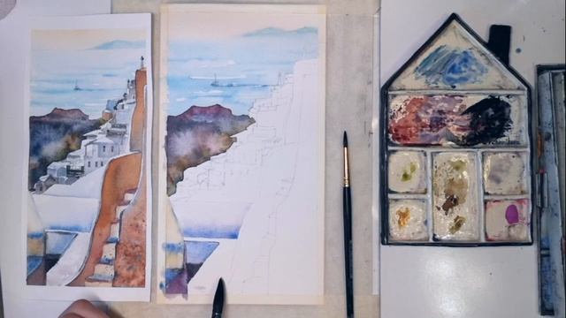 Санторини. Белоснежный город. Урок акварели смотреть онлайн