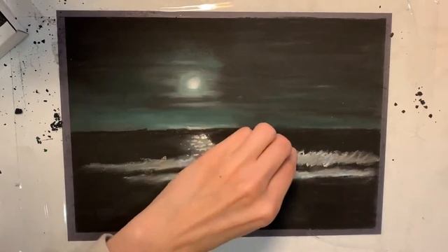 Рисунок пастелью - Море ночью и полная Луна, ? ? волны смотреть онлайн