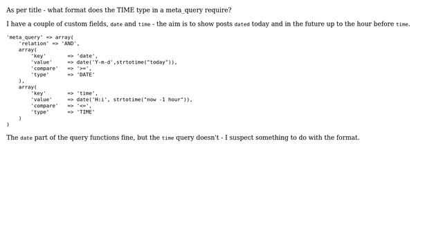 Wordpress: What format does the meta_query TIME type require? смотреть онлайн