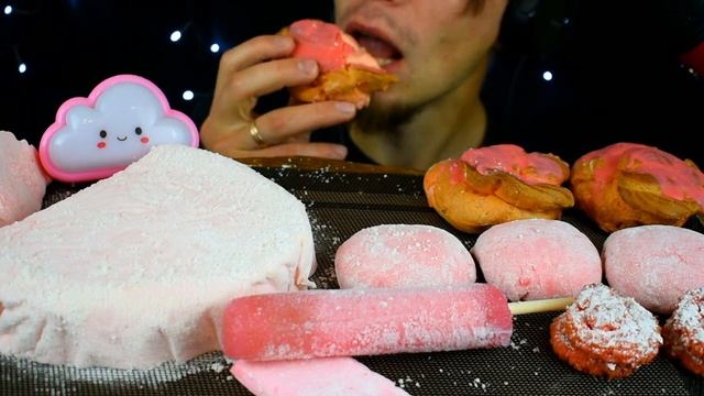 ASMR: PINK FOOD PARTY! GIANT HOMEMADE MARSHMALLOW MOCHI PROFITEROLES ICE CREAM! Eating Show Mukbang смотреть онлайн
