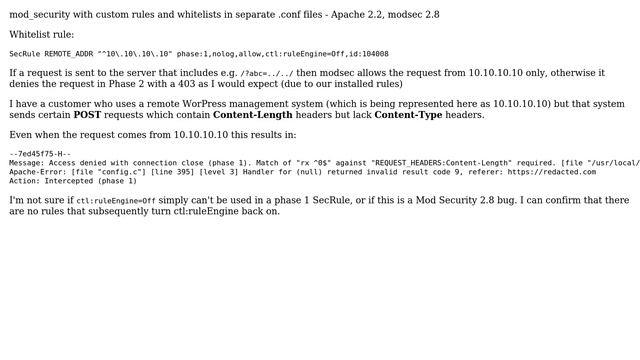 DevOps & SysAdmins: Mod Security ctl:ruleEngine=Off Whitelist Fails in Phase 1 смотреть онлайн
