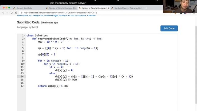 1866. Number of Ways to Rearrange Sticks With K Sticks Visible (Leetcode Hard) смотреть онлайн