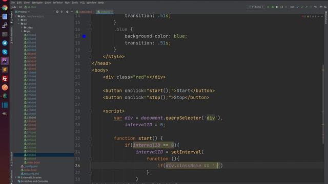 JavaScript Практика Интервал и таймер блок через секунду меняться фон при кнопку "Start" и "Stop" смотреть онлайн