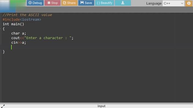 Print the ASCII value in C++ смотреть онлайн
