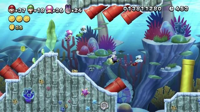 New Super Mario Bros. U Deluxe (4 players coop): Mario, Luigi, Toadette and Nabbit run together смотреть онлайн