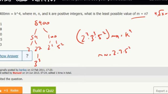 Div. 43- If 5400mn = k^4, where m, n, and k are positive integers, what is the least possible... смотреть онлайн