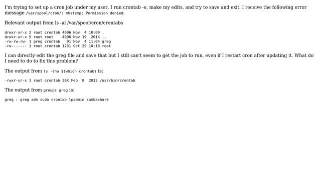 Unix & Linux: crontab -e yields: /var/spool/cron/: mkstemp: Permission denied (2 Solutions!!) смотреть онлайн