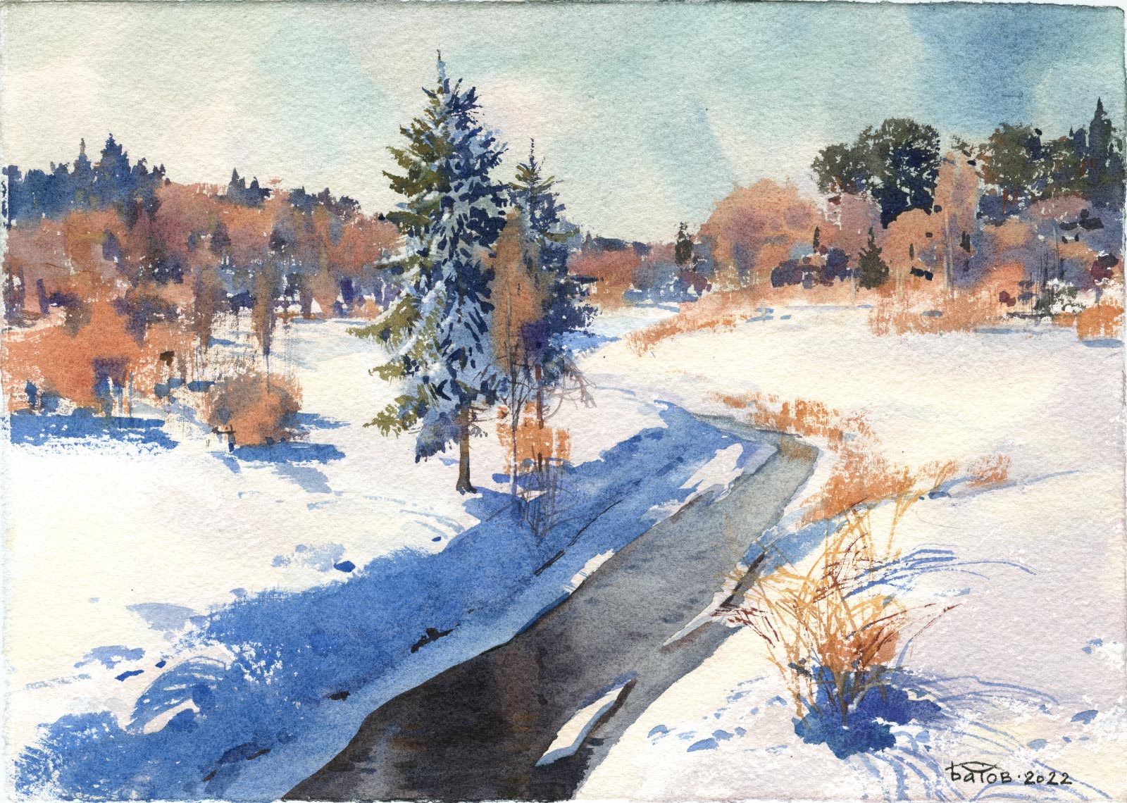 20220106 Зимний пейзаж акварелью смотреть онлайн