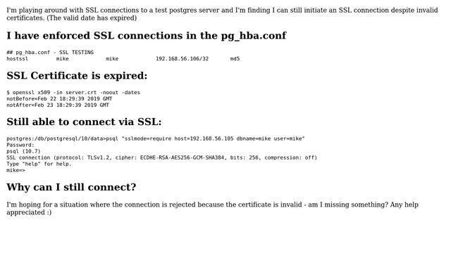 Databases: Postgres still connecting via SSL - despite invalid certificates смотреть онлайн