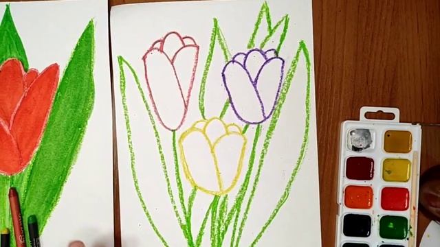 Рисуем тюльпаны красками с детьми. Подарок маме. смотреть онлайн