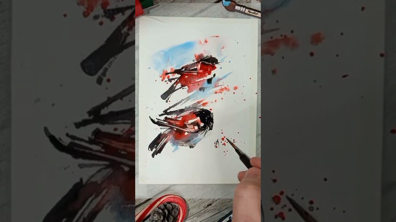 Снегири, открытка за минуту #watercolor #drawing #watercolorpainting #watercolor смотреть онлайн