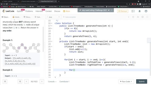 LeetCode 95 | Unique Binary Search Trees II | Catalan | Java смотреть онлайн