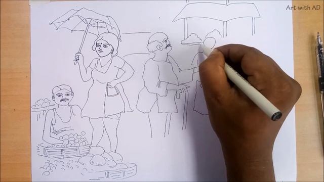 Market line drawing, How to draw village Market,scenery drawing of market,simple market drawing смотреть онлайн