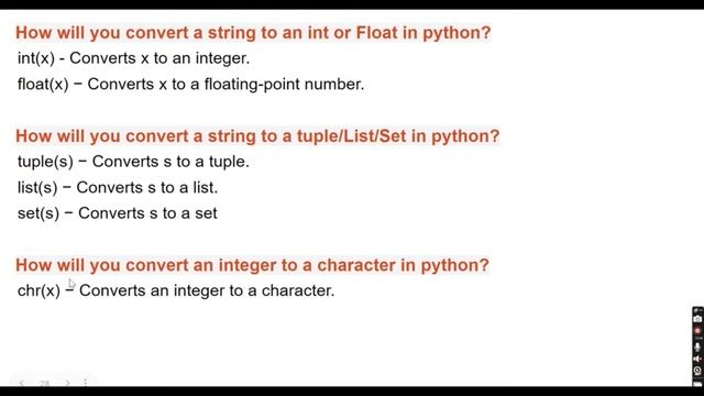 Python Interview Questions | Type Conversion | Convert Int To Char | Convert Char To Int смотреть онлайн
