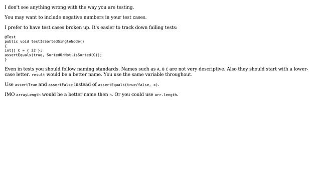 Code Review: Unit tests code for a Java class that that checks whether an array is sorted смотреть онлайн