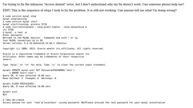 MySQL - Access denied for user 'user'@'localhost' (using password: NO) смотреть онлайн
