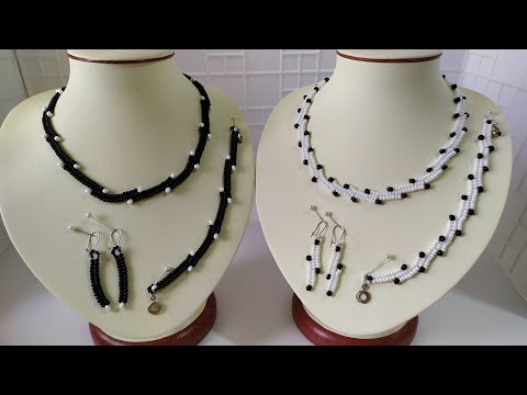 Украшения из бисера. 1 вариант. Комплект. Ожерелье. Браслет. Сережки. Мастер класс. Для начинающих. смотреть онлайн