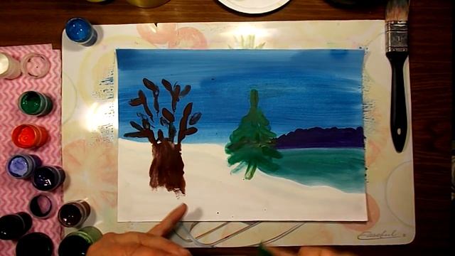 Зимний пейзаж для детей. Рисуем птичек пальцами! смотреть онлайн