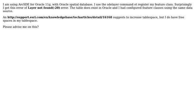 GIS: Resolving ArcSDE for Oracle 11g Layer not found (-20) error? смотреть онлайн