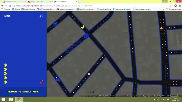 Игра PACMAN в картах Google смотреть онлайн