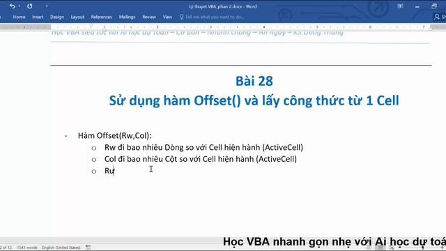 Bài 28 -  Hàm Offset Trong VBA, Lấy địa Chỉ Của Cell, Lấy Trộm Công Thức Của 1 Cell Rất Hay