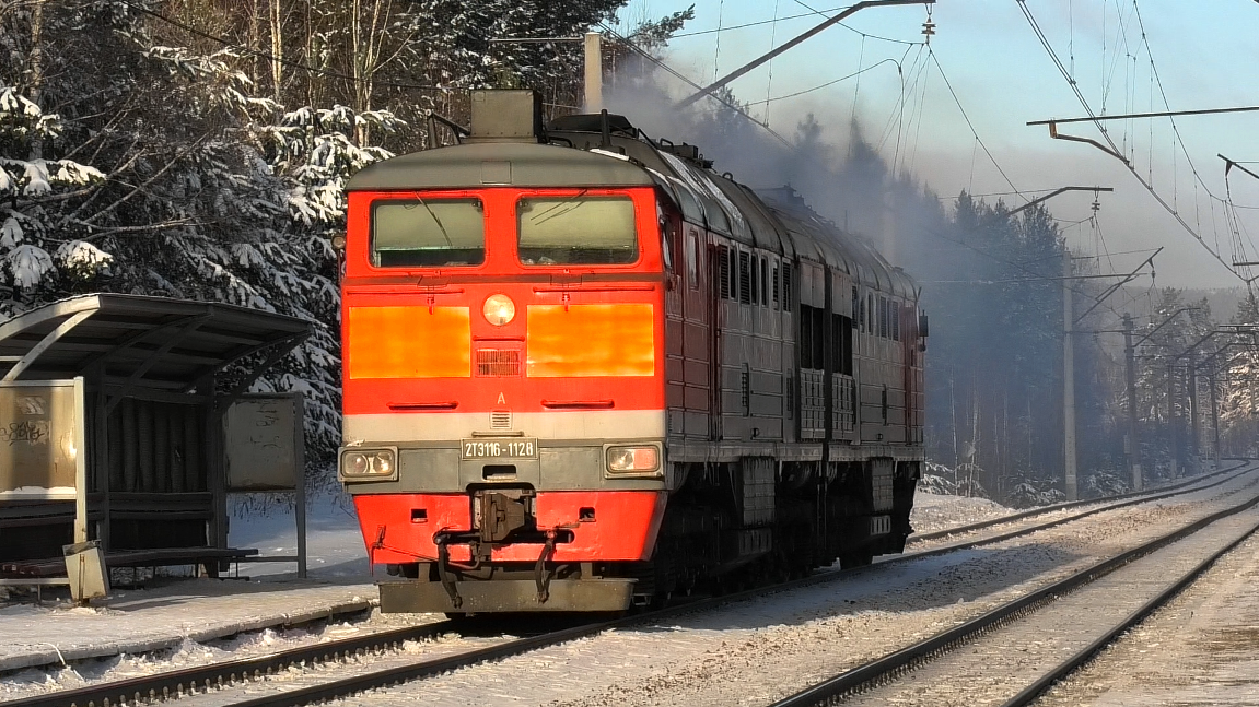 2ТЭ116-1128 резервом и ВЛ11К-108 с грузовым поездом следуют через о.п. Калиново смотреть онлайн