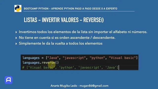 Bootcamp Python 3 - Estructuras de datos - Colecciones - Listas - Ordenar - reverse смотреть онлайн