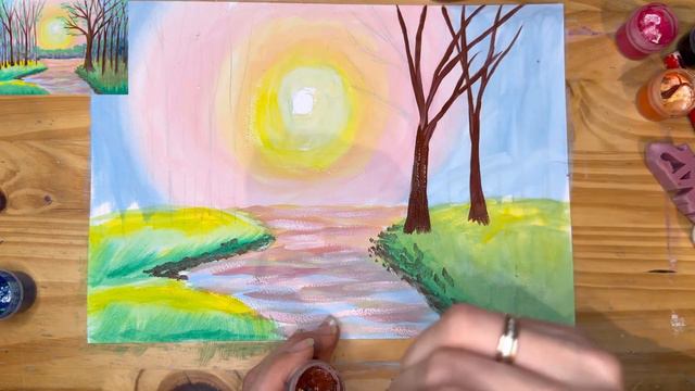 Рисуем весенний пейзаж красками для начинающих. смотреть онлайн
