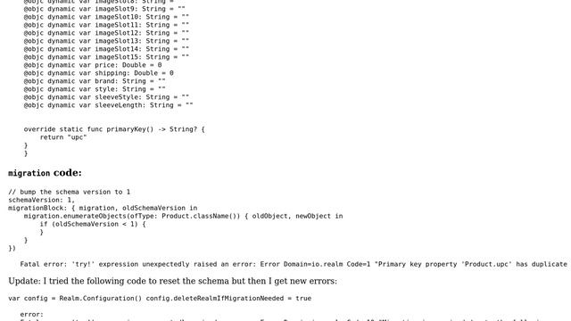 Realm error: "Primary key property 'Product.upc' has duplicate values after migration." смотреть онлайн