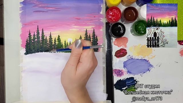 Рисуем зимний пейзаж. Рисуем зиму гуашью. Полный МК. смотреть онлайн