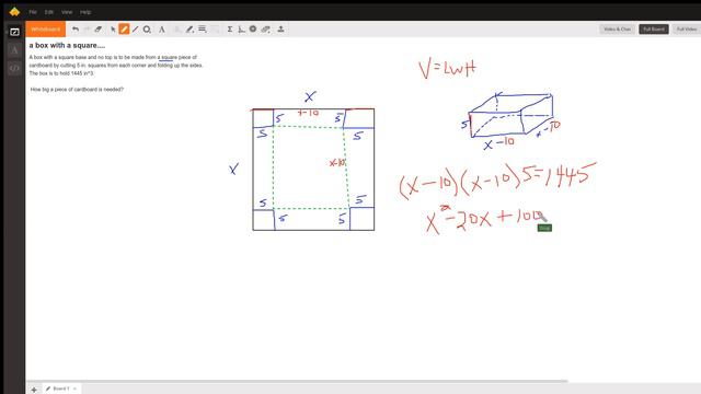 Find The Side Length Of A Square Piece Of Cardboard When 5 In Squares Cut From Each Corner Give Vol