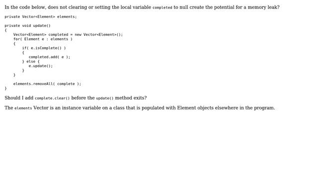 Code Review: Can not clearing a local java.util.Vector cause a memory leak? (2 Solutions!!) смотреть онлайн