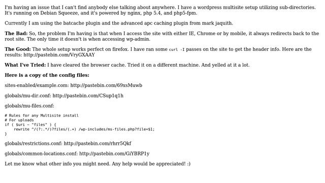 Nginx Multisite redirects (incorrectly) on Chrome IE and Mobile, but works (correctly) on Firefox смотреть онлайн