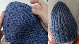 Простая шапка спицами резинкой 2х2 с красивой макушкой по диагонали