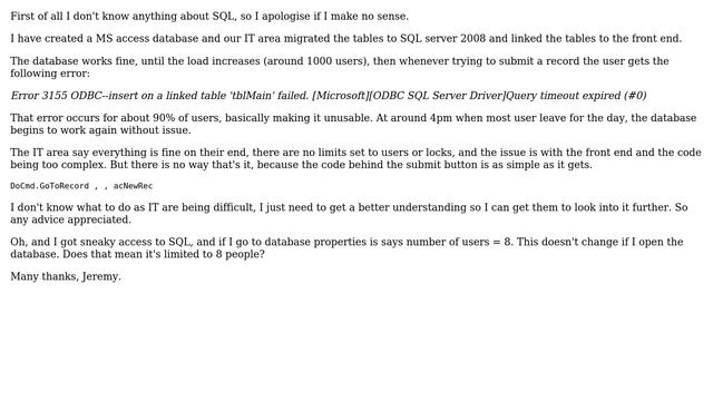 Databases: Time out errors - MS access front end with SQL backend смотреть онлайн