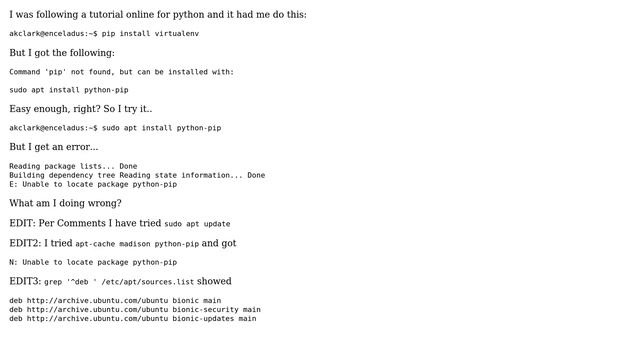 Ubuntu: "Unable to locate package python-pip" When trying to install from fresh 18.04 install смотреть онлайн