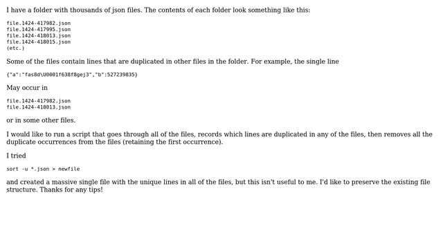 Unix & Linux: Remove duplicate lines from multiple json files while preserving file structure смотреть онлайн