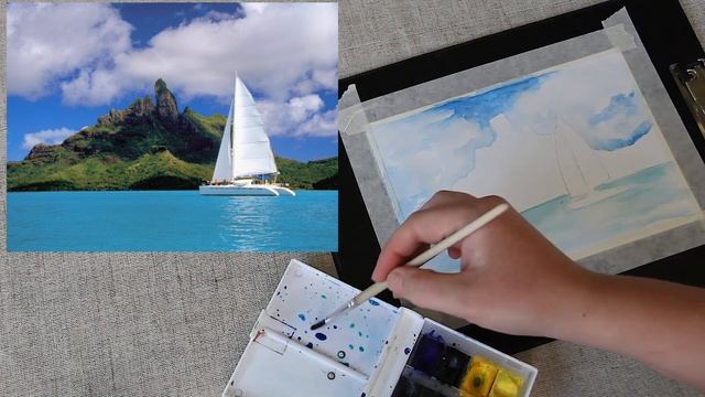 Как нарисовать морской пейзаж. Акварель. смотреть онлайн