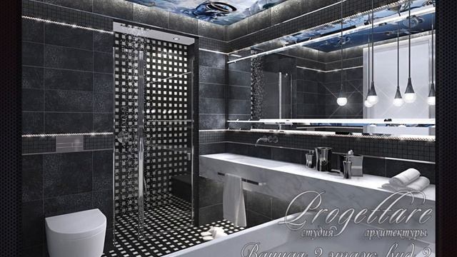 Дизайн ванной в темной плитке, Дизайн современной ванной смотреть онлайн