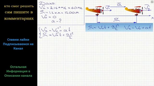 Физика Самолет отрывается от земли при скорости 216 км/ч. С каким ускорением он должен двигаться по смотреть онлайн