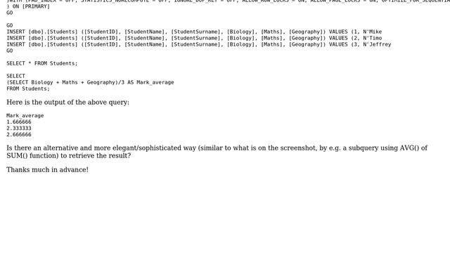 Databases: T-SQL query - how to AVG() the SUM() of columns' rows to a new row column? смотреть онлайн