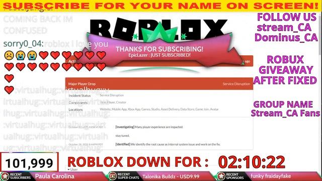 ?ROBLOX DOWN? OFFICIAL LIVE ROBLOX STATUS UPDATE!! CHILL STREAM ROAD TO 100K!!!!! смотреть онлайн