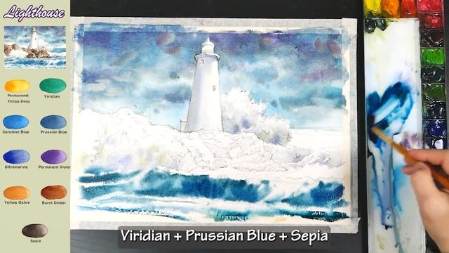 Landscape Watercolor - Lighthouse (sketch & Color Name View, Watercolor Material)NAMIL ART