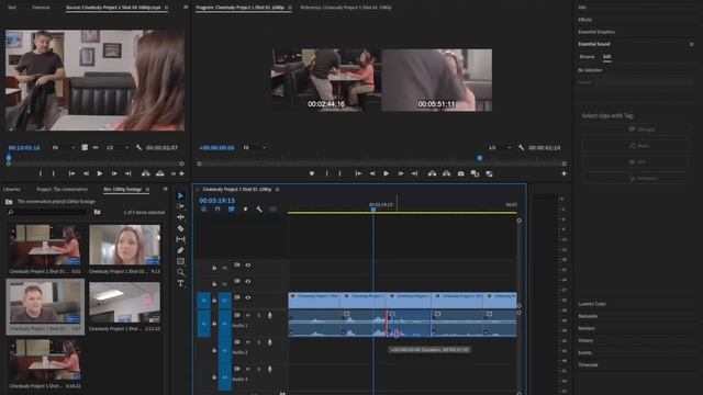 Edit in Adobe Premiere Pro using the 'Rolling Edit' tool to create 'J' and 'L' cut audio transition