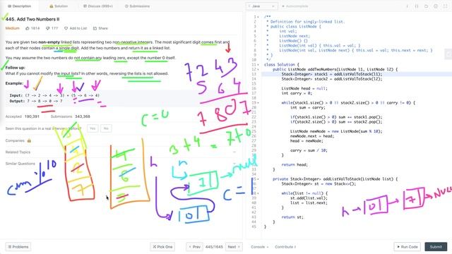 Add Two Numbers II | LeetCode 445 | Add Two Numbers Represented by Linked Lists смотреть онлайн