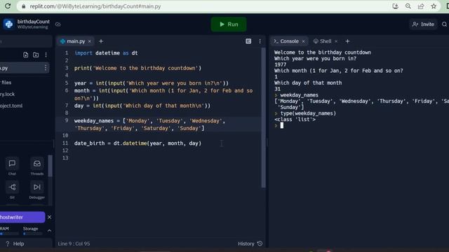 Using lists and weekday() method to determine the weekday of birth смотреть онлайн